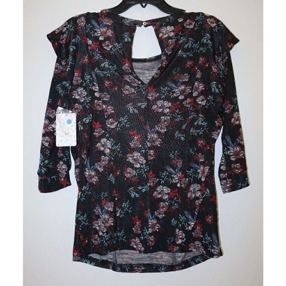 Free People Women's Sz S Black Combo Floral Print Dock Street Knit Blouse $68 - Picture 2 of 3